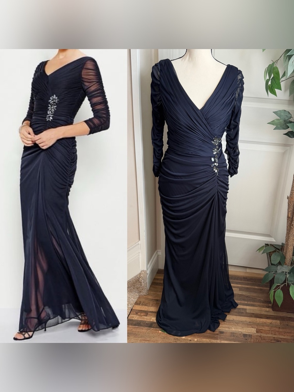 Adrianna Papell Ruched Crystal Embellished Formal Gown Navy Blue Sz 8